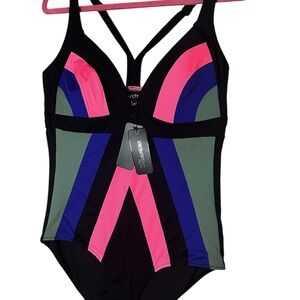 CITY CHIC SWIMSUIT PLUS SIZE S =16 ONE PIECE COLOR BLOCK BUILT IN BRA RACER BACK